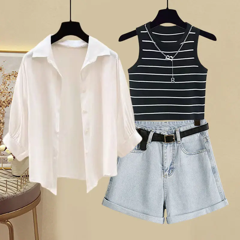 Large Women's Spring/Summer Set 2024 New Shirt Slim Fit Striped Slim Strap Versatile Denim Shorts Three piece Set