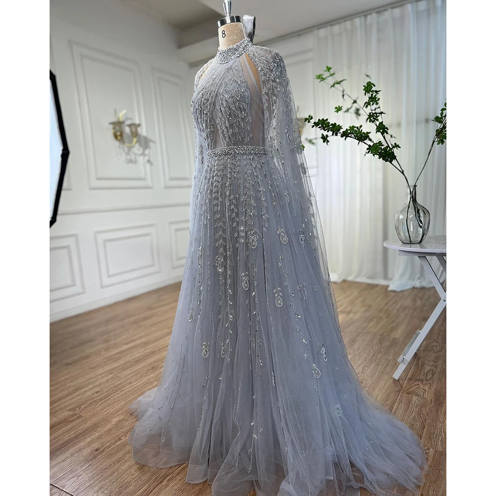 Serene Hill Dubai Arabic Luxury Nude A Line Beaded Evening Dresses With Cape Sleeves Gowns For Women  Wedding Party 2023 LA71803