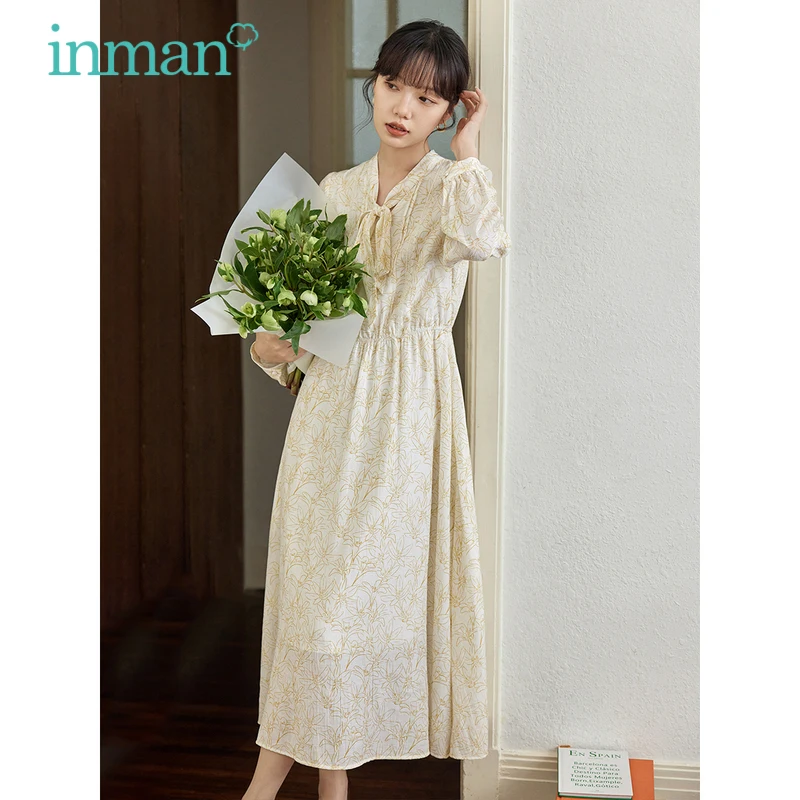 

INMAN Women Dress 2023 Autumn Long Sleeve Lace up V-neck A-shaped Elastic Waist Floral Printing Elegant Yellow Skirt