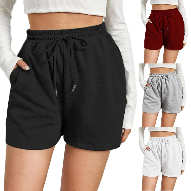 

Women Sport Running Shorts Solid Color Loose Drawstring Summer Jogging Sweat Shorts with Pockets