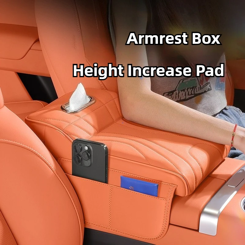 Car Armrest Box Height Increase Pad with Storage Bag and Leather Protective Cover