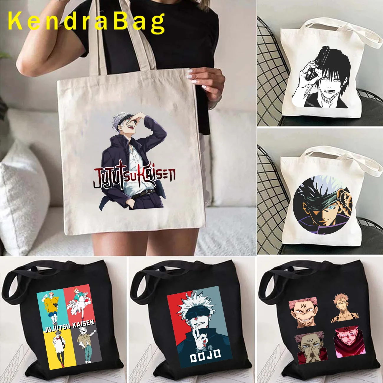 

Anime Jujutsu Kaisen Yuji Itadori Satoru Gojo Sukuna Art Cute Cartoon Manga Shopper Canvas Shoulder Totes Bag Eco Cotton Handbag