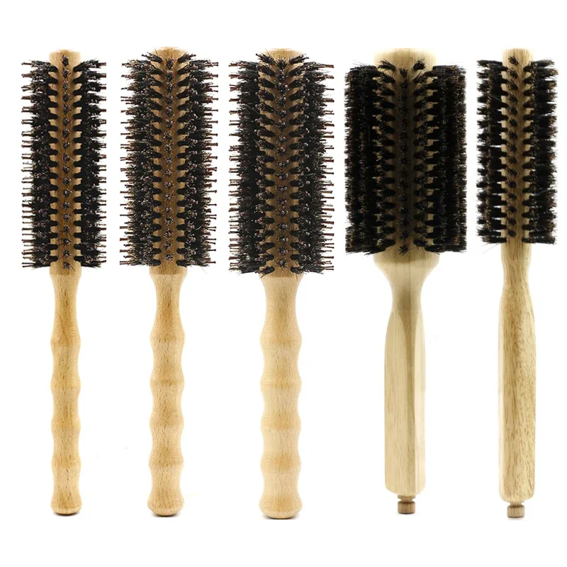 Straight Twill Boar Bristle Hair Round Brush Wood Handle Rolling Brush Hairdressing Styling Tool Hair Curly Comb Hair Brush yellow sandalwood straight line rolling planer scraping wood bird planer hand pushing planer woodworking tools sharp and durable