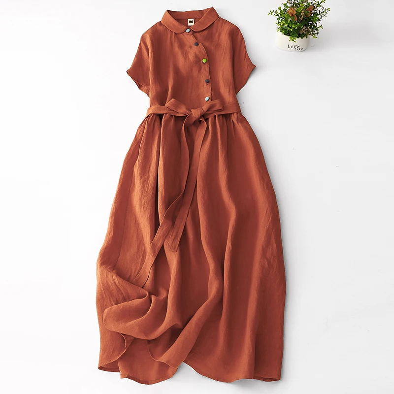 

Cotton Dress Women 2023 New Summer Turn Down Collar Short Sleeve Solid Midi Dress Colorful Buttons High Waist Slim Party Dresses