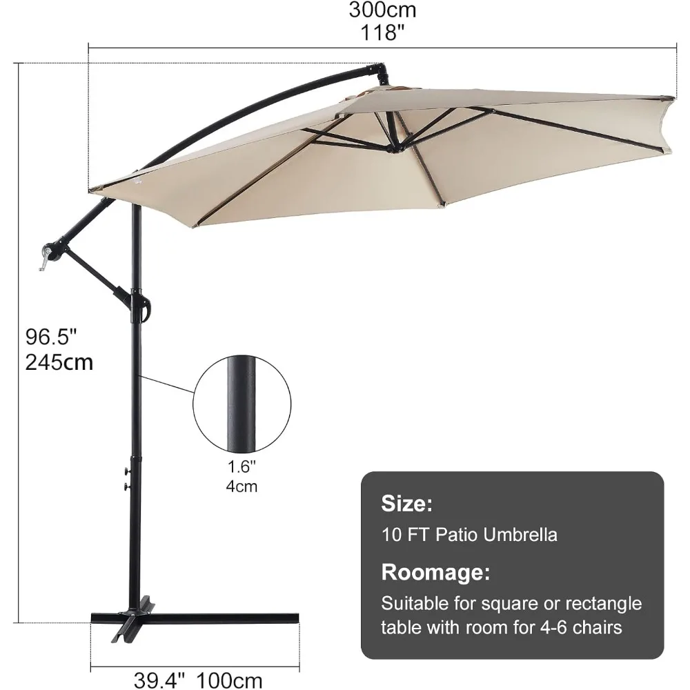 10ft Cantilever Patio Umbrella, Offset Hanging Outdoor Table Umbrella with Tilt Crank, 6 Sturdy Ribs and Cross Base, UV 3