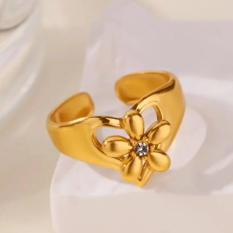 Stainless Steel Flower Ring Women Adjustable