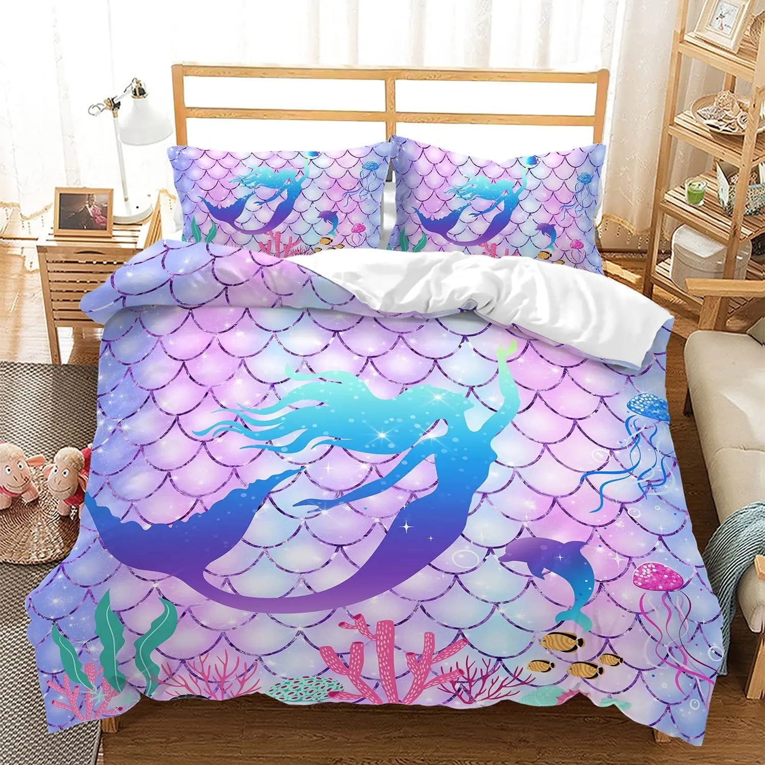 Pink Mermaid Bedding Set Comforter Twin for Kids, Glow in The Dark