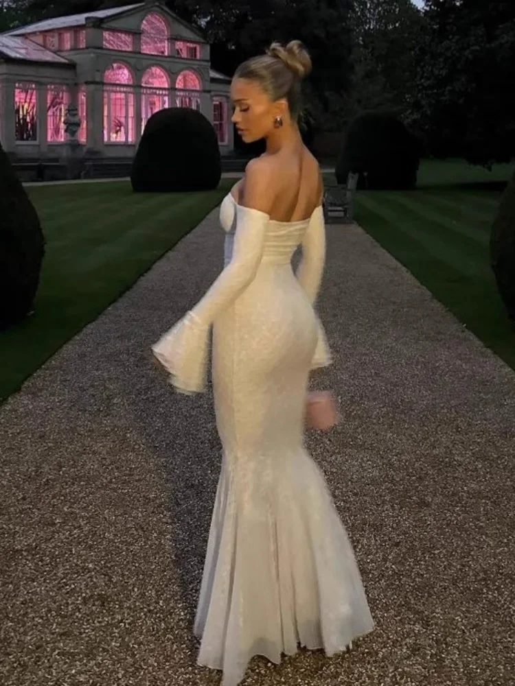 Wmstar Dress Women Wholesale of Fashionable Sexy Clothing Flared Sleeve Strapless One Shoulder Mesh Lace Fishtail Summer 2025