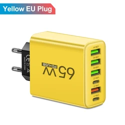 65W Multi - Port USB - C Fast Charging Wall Charger - EU Plug Yellow