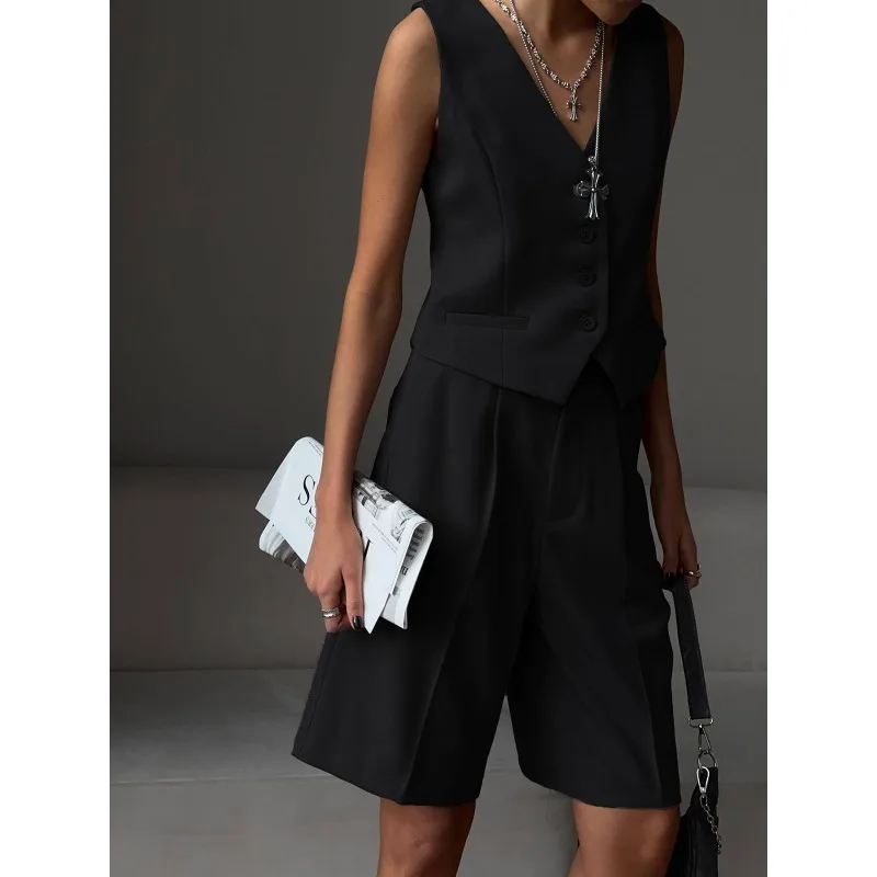 V-Neck Sleeveless Female 2 Piece-Set Casual Slim Straight Trousers Pocket Solid High Street Outfits Fashion Shorts Sets