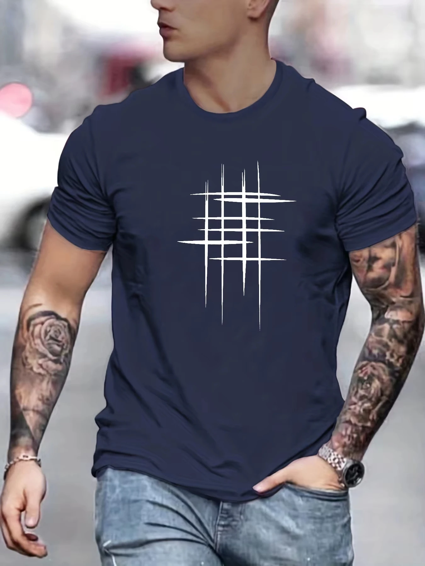 Summer Men's Cotton Casual Loose Size Graphic Line Print Round Neck Short Sleeve T-shirt Top Summer Men Clothes T shirt Men