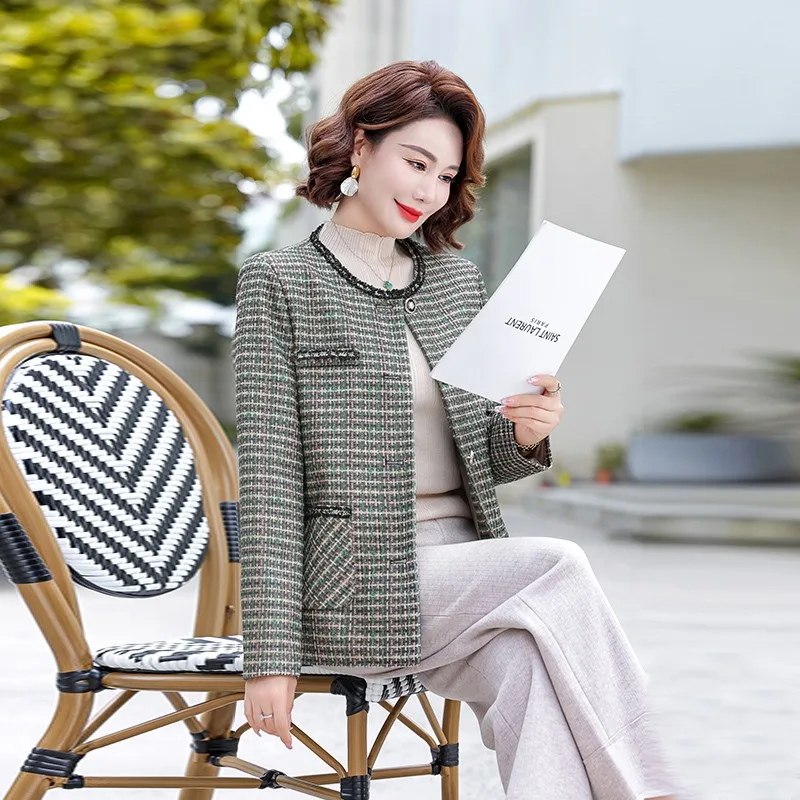 Women Spring Autumn Short Woolen O-Neck Jackets Office Lady Pocket Button Design Straight Retro Coats Jacket