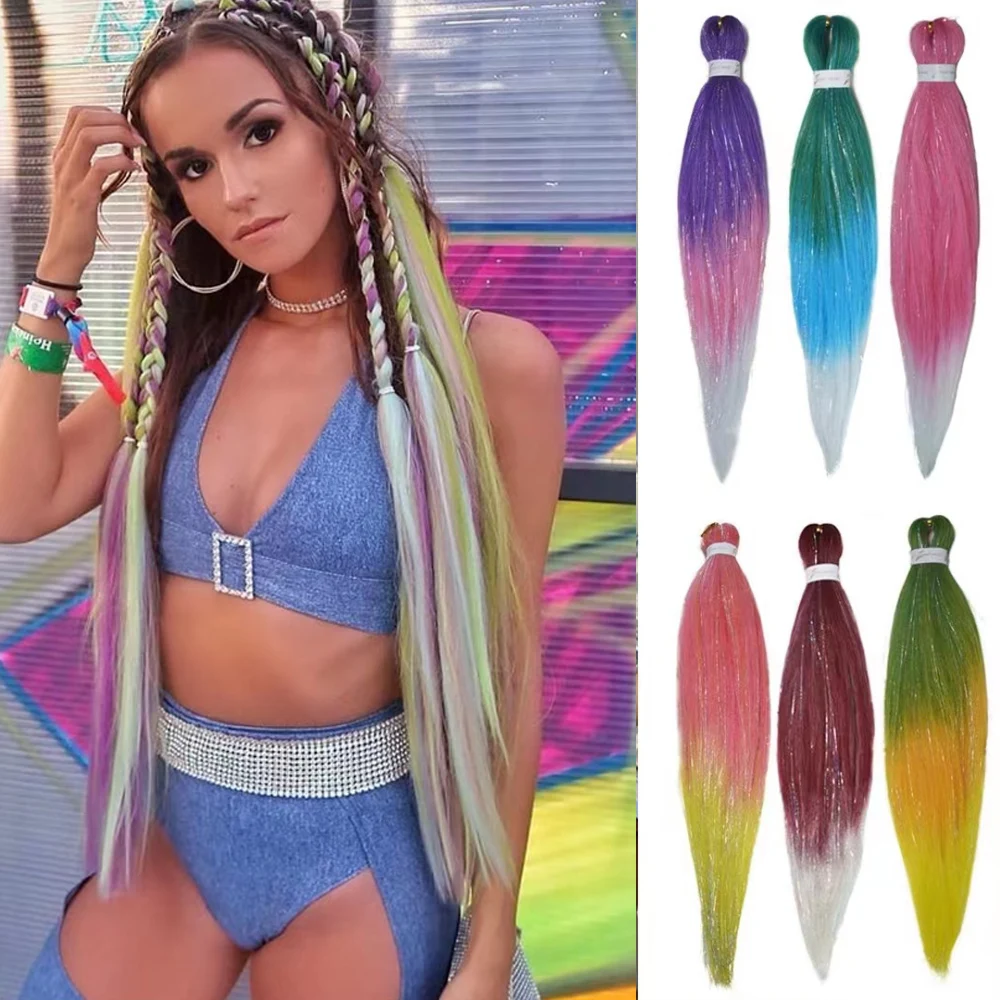 Extensiones de cabello trenzado para niñas, mezcla trenzada recta ombré Yaki, oropel, Festival, Rave, Crazy Hair, juego de 5 unidades