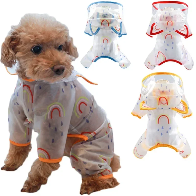 RainbowClearDogRaincoatRainyHoodedCoatJumpsuitForSmallDogs