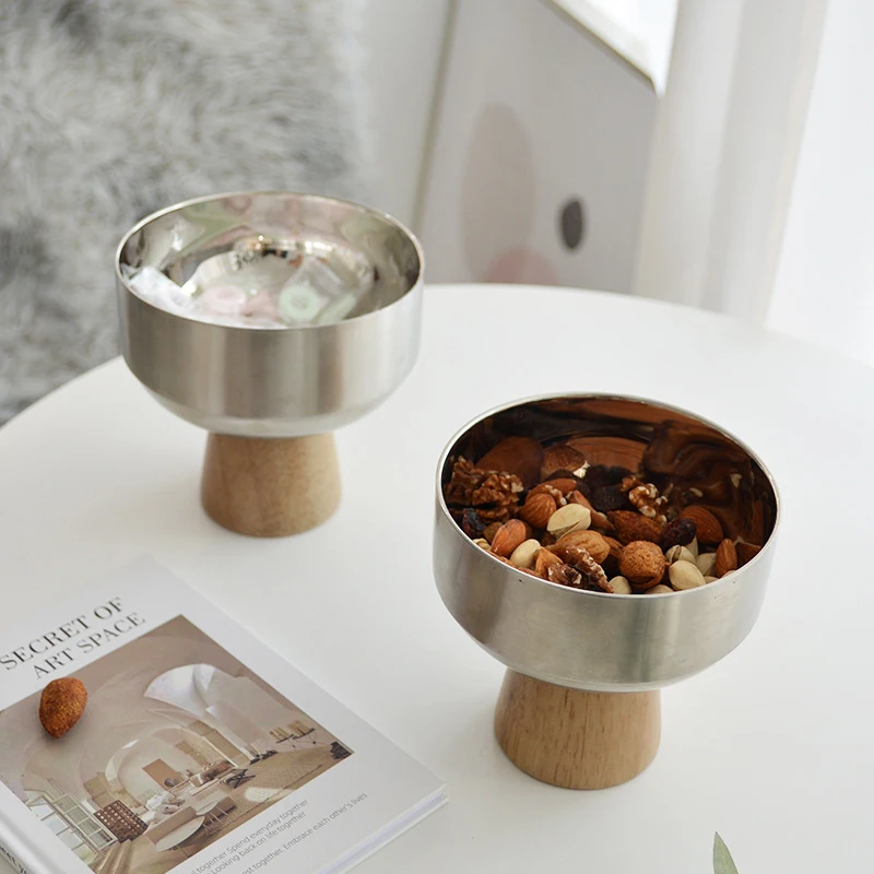 Simple Stylish Round Solid Wood Tray Stainless Steel Bowls Small Item Storage Tray Food Desktop Storage Kitchen Decor Plate