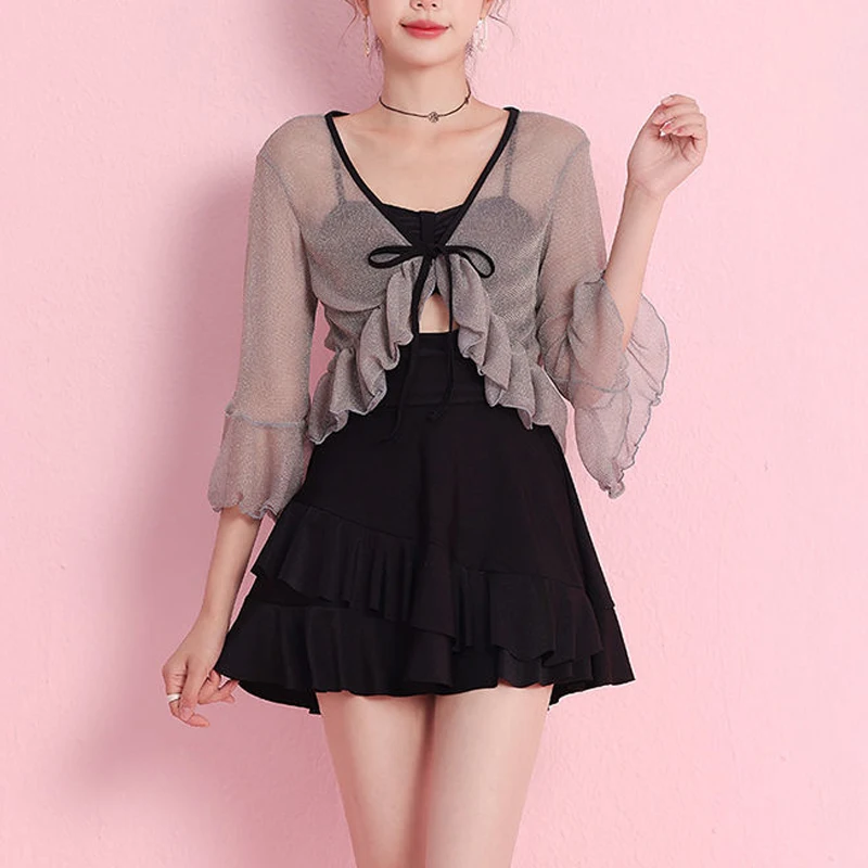 2023 New Summer Women Y2K Lace Up Ruffle Fairy Sweet Sexy Hollow Slim Bikini Mini Dress Cover-up Swimwear Set Beach Bathing Suit