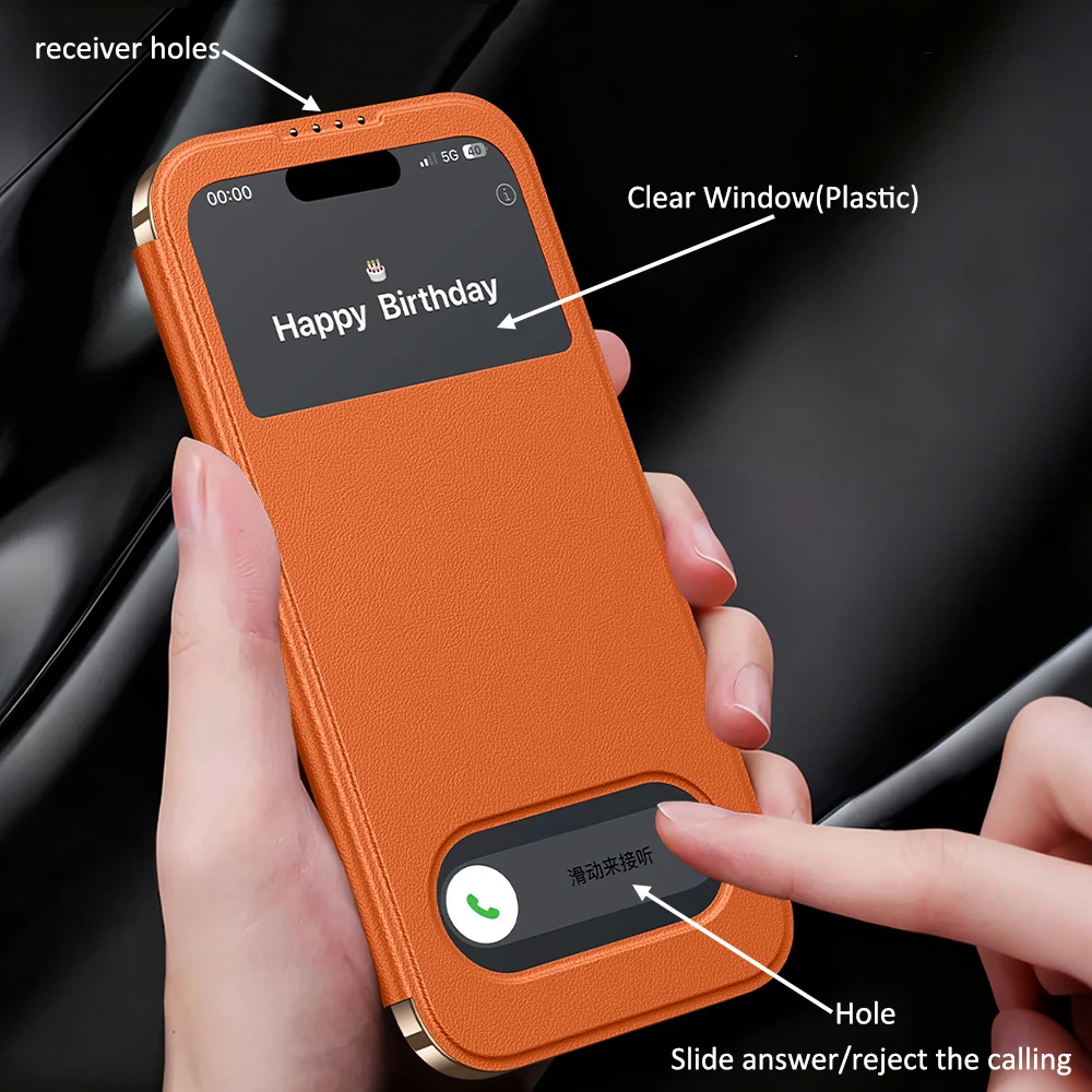 Premium Genuine Leather Flip Case - Elegant Orange Window Book Cover