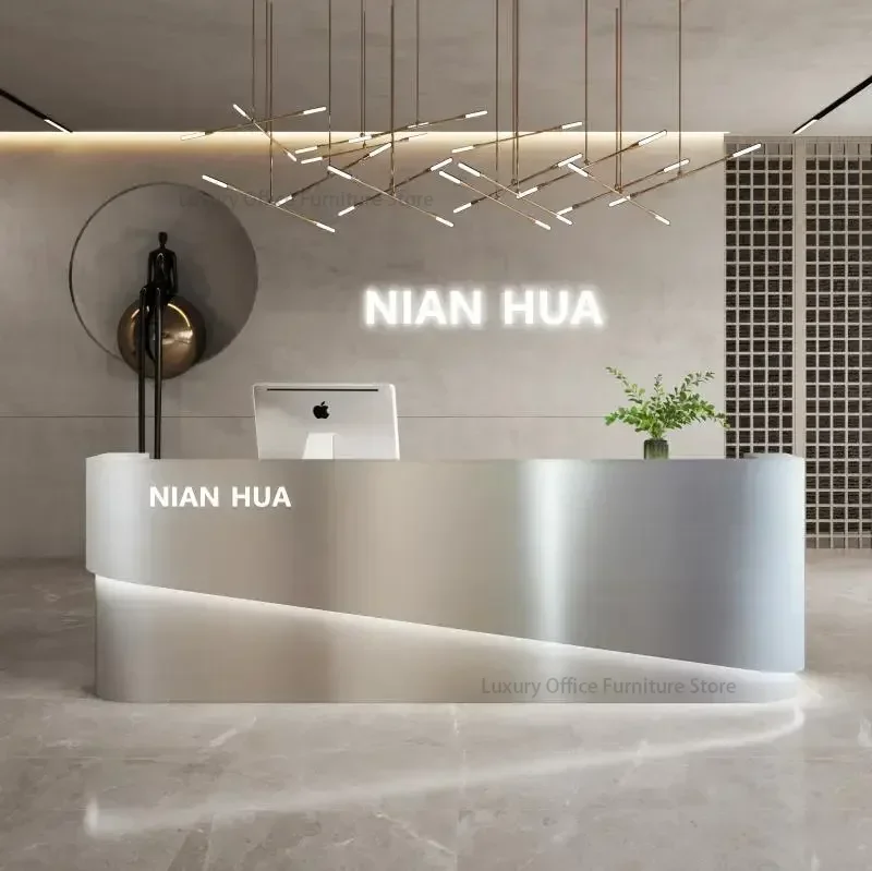 Stainless Steel Checkout Page Modern Office Reception Desk Light Luxury Beauty Salon Bar Counter Metal Counter