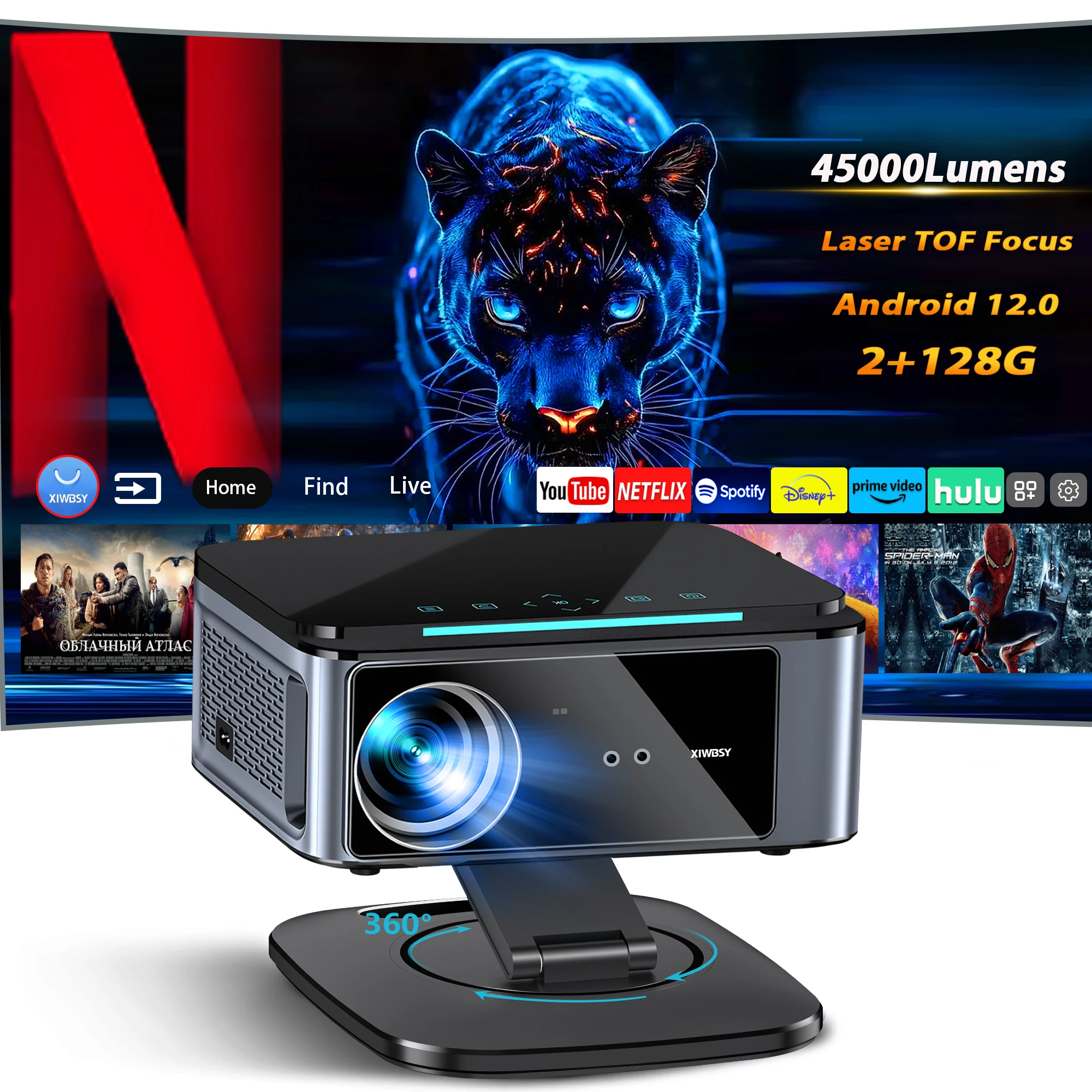 Projetor de Vídeo XIWBSY 45000 Lumens TOF Focus 4K Android 12.0 BT5.3 Full HD 1080P para Home Theater, Jogos e Smart TV a Laser