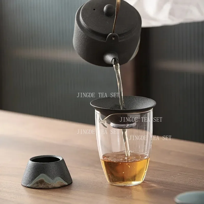 Yuanshan Tea Filter Home Hand Drawn Coarse Pottery Chinese Tea Strainer Black Pottery Kung Fu Tea Set Mesh Filter Group