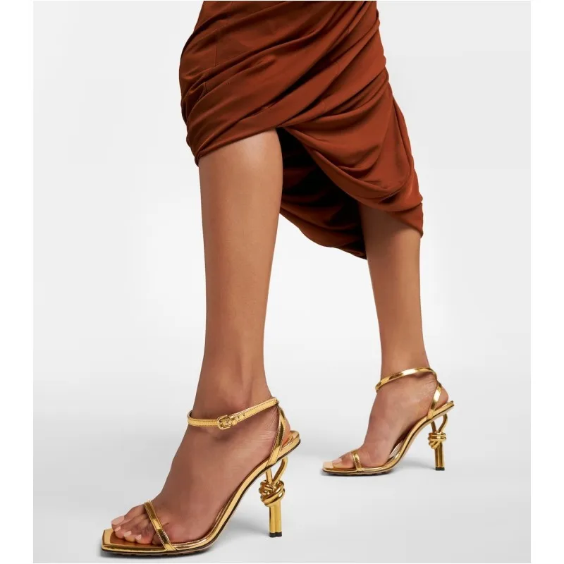 

2024 Square Head Gold Ribbon Combination/Irregular Metal High Heel Women's Sandals Sexy Banquet Festival Fashion Sandals Large