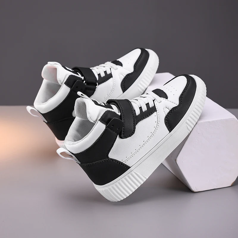 Boys High Top Sneakers - Autumn Leather Sports Shoes with Hook & Loop Closure