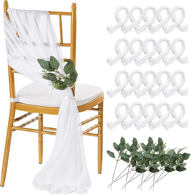 8-24Pack White Chair Sashes Wedding Aisle Decorations Long Draping Fabric Sheer Church Chair Cover Bulk for Party Banquet