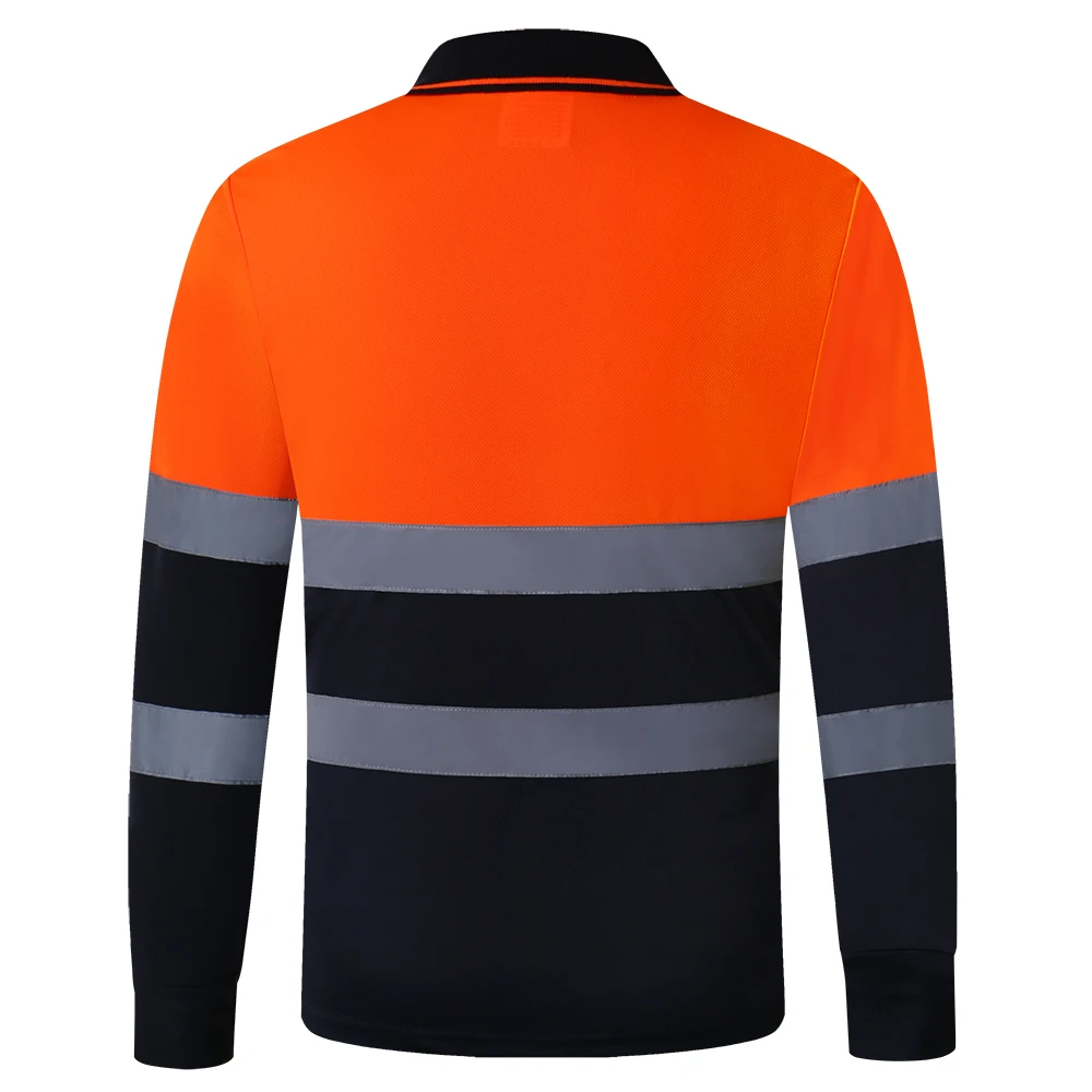 Two Tone Long Sleeve Safety Polo Shirt Orange High Visibility Reflective Shirt With Pockets Hi vis work shirt