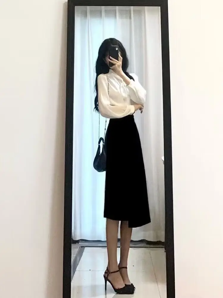 

Davestis Casual Long Sleeve Shirts and Midi Skirt Two Piece Sets Korean Style Buttoned Loose Blouses Slim Fit Skirt 2 Piece Sets
