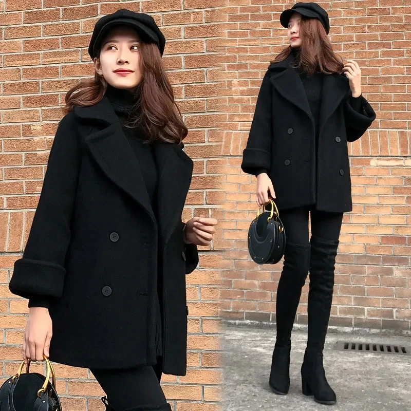 

Women Woolen Coat Thickened Autumn And Winter Wool Overcoat 2023 New Female Black Blazer Collar Jacket Women's Loose Coats