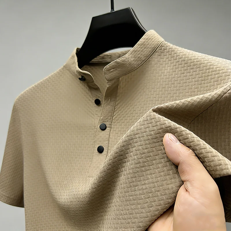 Hochelastisches Herren-Poloshirt mit Waffelstruktur, knitterfrei, Business-Casual, Kurzarm, für unterwegs. – Detail 4
