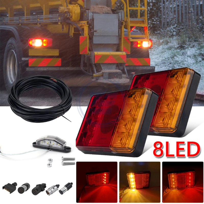 

1 Pair 8 LED Trailer Tail Lights with Plugs 8m 5-Core Wire Rear License Plate Light Kit IP67 Waterproof 12V Red Yellow Taillight