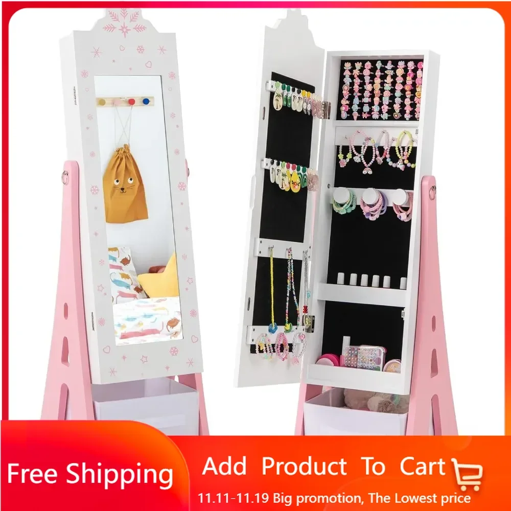 Kids Jewelry Armoire Cabinet, 43.5" Standing Wooden Standing Jewelry Organizer with Full-length Mirror and Storage Drawers