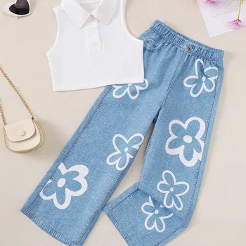 Young Girls' Solid Color Casual Tank Top With Denim Look Floral Print Straight Pants, Summer