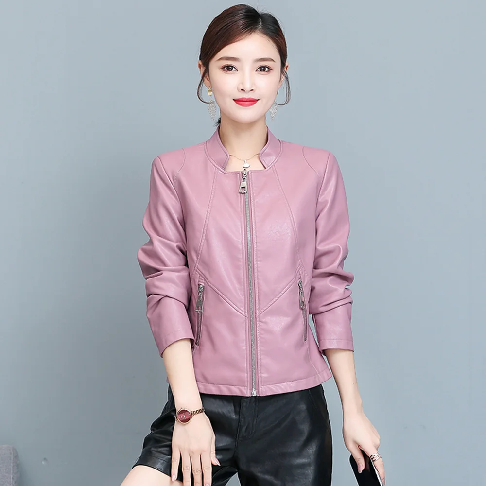 

New Women Leather Jacket Spring Autumn Fashion Trend Small Stand Collar Slim Waist Split Leather Short Coat Cool Pink Outerwear