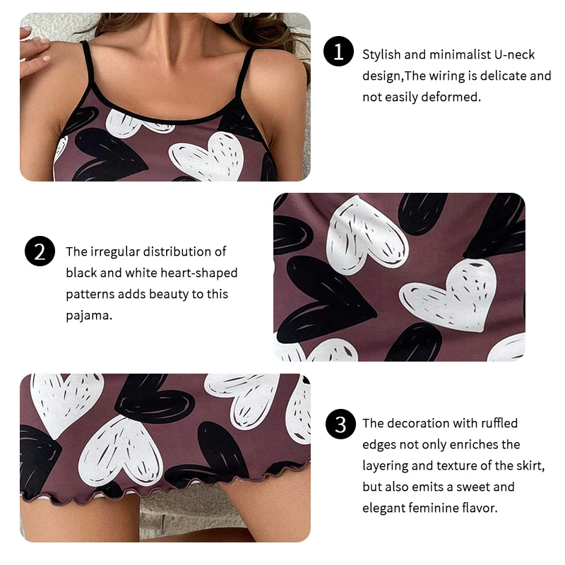Womens Nightdress Summer Casual Sleepwear Soft Comfort Nightgown Heart Print Round Neck Lettuce Trim Cami Sleep Dress Loungewear women nightgowns,women nightdresses