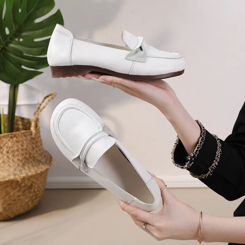2023 New Women Leather Flat Shoes Concise Comfortable Ladies Work Leather Shoes Soft Sole Female Loafers Retro Woman Flats