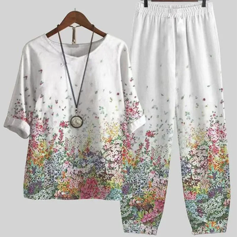 

Summer Two Piece Sets Womens Outfits O Neck Flower Print Loose Short Sleeve Shirt High Waist Pants Suit 2023 2PCS Sets