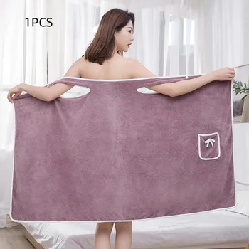 Women Wearable Coral Fleece Bath Skirt, Thick Absorbent Waterproof Bath Robe With Pocket Button Anti-slip Shower Towel Wrap