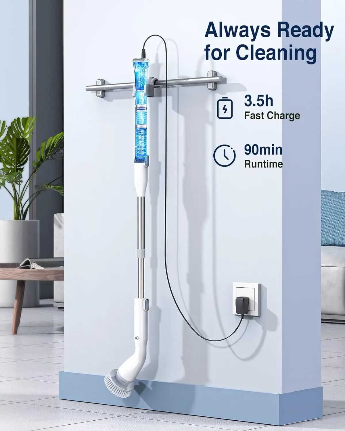 Electric Spin Scrubber LA1 Pro, Cordless Spin Scrubber W/ 7 Replaceable Brush Heads and Adjustable Extension Handle, (White)