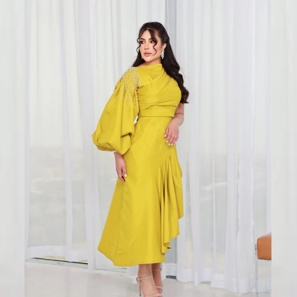 High Quality Sparkle Exquisite Jersey Draped Pleat Ruched Celebrity A-line High Collar Bespoke Occasion Gown Midi Dresses