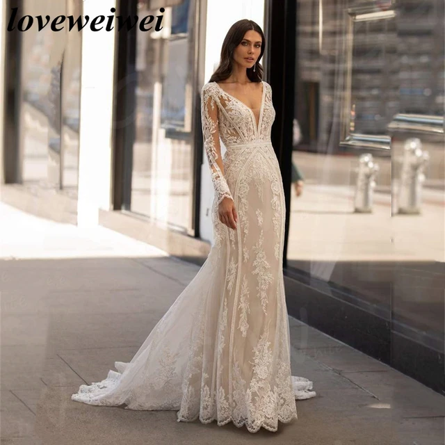 Pearls Elegant A Line Wedding Dress Long Sleeves Sheer Neck Bridal Gowns  Custom Made Back Button V Neck Vestido de novia - AliExpress