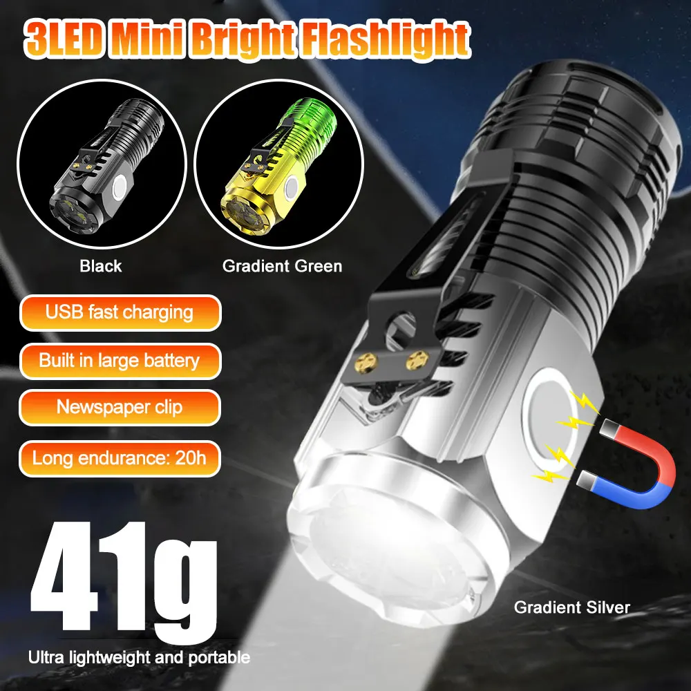 Mini linterna de ráfaga de flash brillante, abs magnético fuerte con clip para bolígrafo, linterna recargable para pequeña caminata nocturna