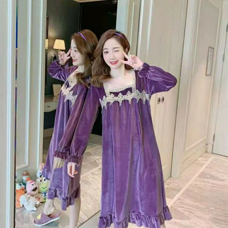 Pajamas female Long sleeve Spring and Autumn Cute online celebrity. Canary velvet loose loungewear palace style nightdress