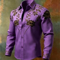 Chemise homme de luxe à manches longues avec broderie lotus en fil doré, texture satinée, col à revers, chemise décontractée et formelle 3