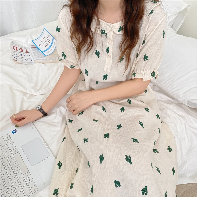 Cactus Print Summer Nightgown Women O-Neck Short Sleeve Casual Long Sleepwear Loose Cotton Night Dress Ruffles Buttons Homewear