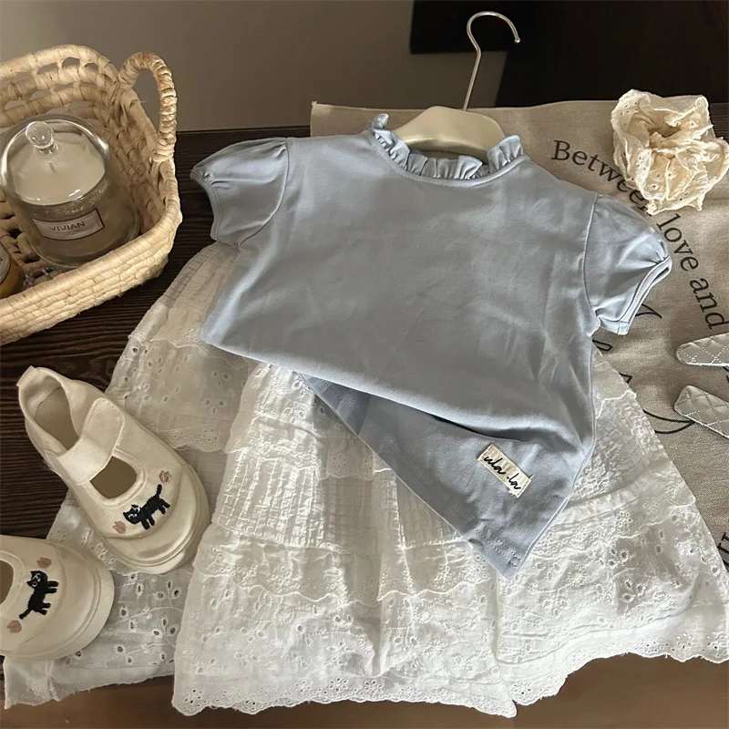 

Korean children's clothing 2024 new spring/summer girl bubble sleeve short sleeved T-shirt lace hollow half skirt two-piece set