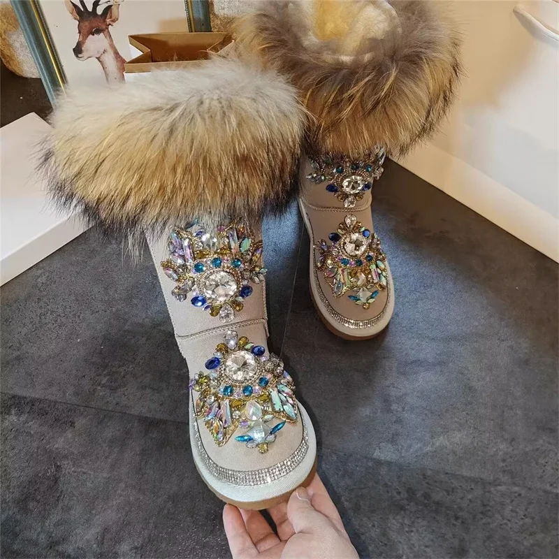 

Chain rhine-drill hand custom winter plus fleece warm boots fox fur boots fur one boot women's 35-40