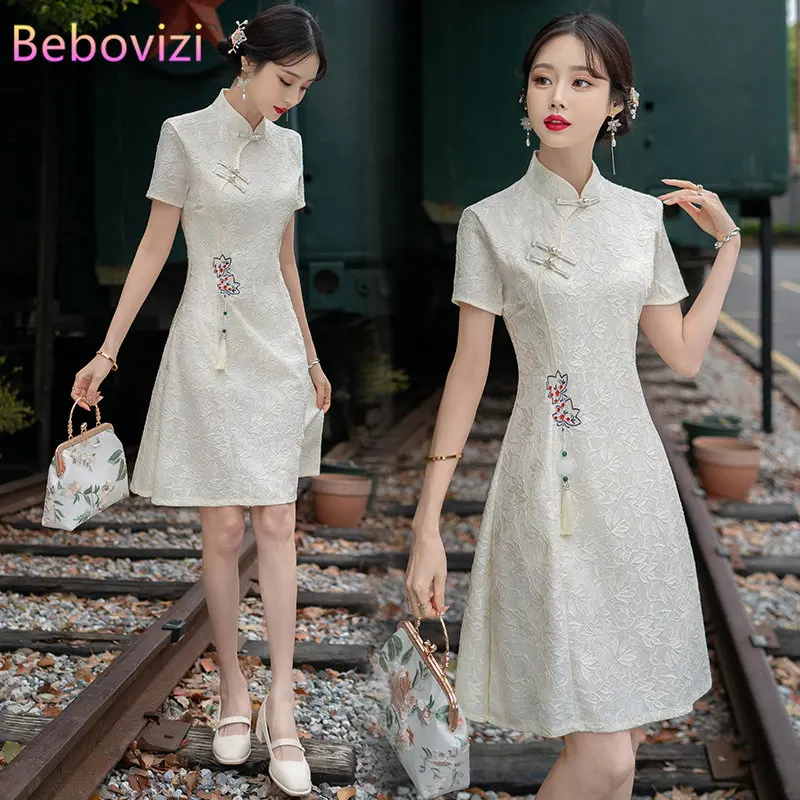 

New Summer Vintage Lace Cheongsam Chinese Traditional Qipao Short Sleeve Dress for Women Clothing