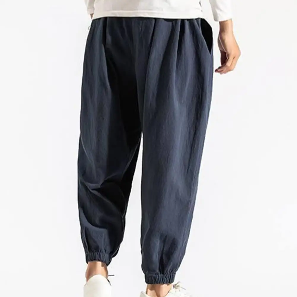 

Cuffed Foot Trousers Breathable Casual Men's Trousers with Embroidery Detailing Elastic Waistband for Spring Fall Seasons